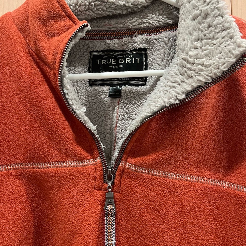 True grit Polar Fleece & Sherpa Lined 1/4 Zip Pullover, pockets Sz lg orange